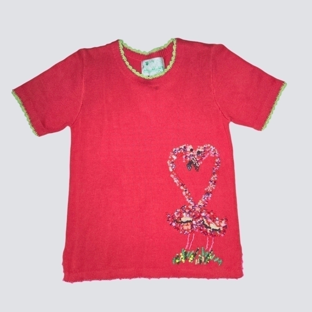 The Quacker Factory Womens Vintage Pink Sequin Beaded Flamingo Shirt  Small